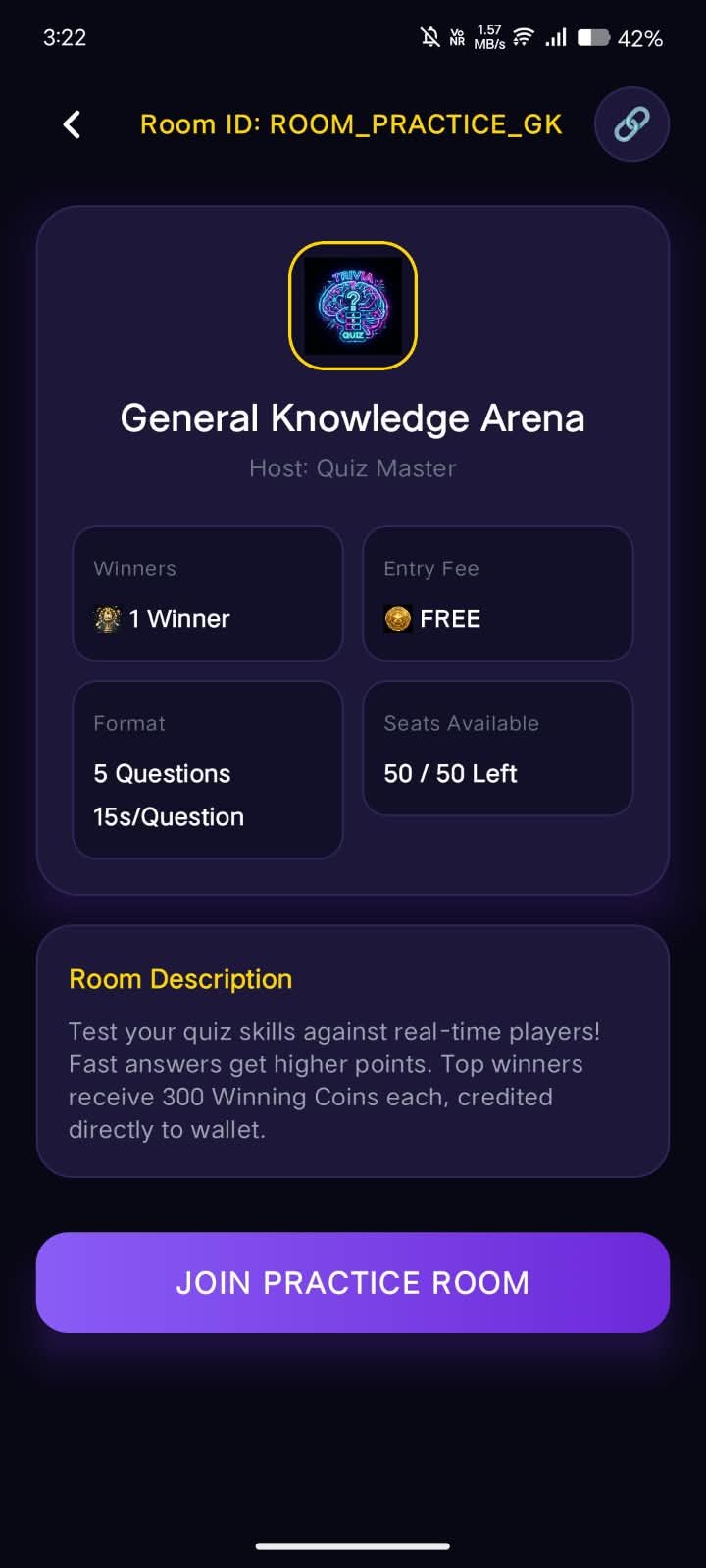 Quiz room details screen